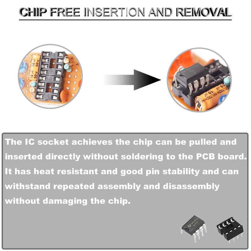 DKARDU 100 قطعة 8 دبوس DIP IC مقبس 2.54 مم فاصل مقبس IC نوع دبوس مسطح مكونات IC سهلة التركيب مع قلم سلك القصدير للتجارب الإلكترونية DIY - Image 4